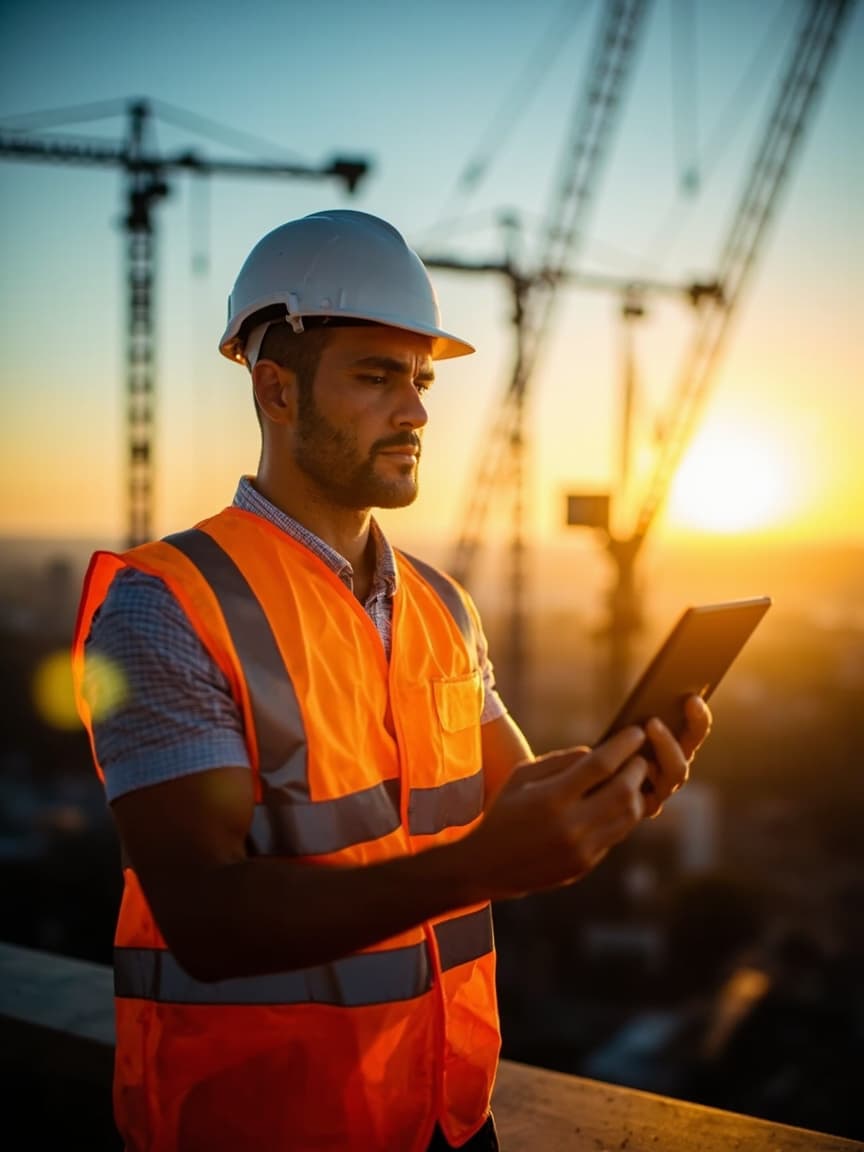 Engineer in hard hat reviewing plans on a tablet at a high-rise site