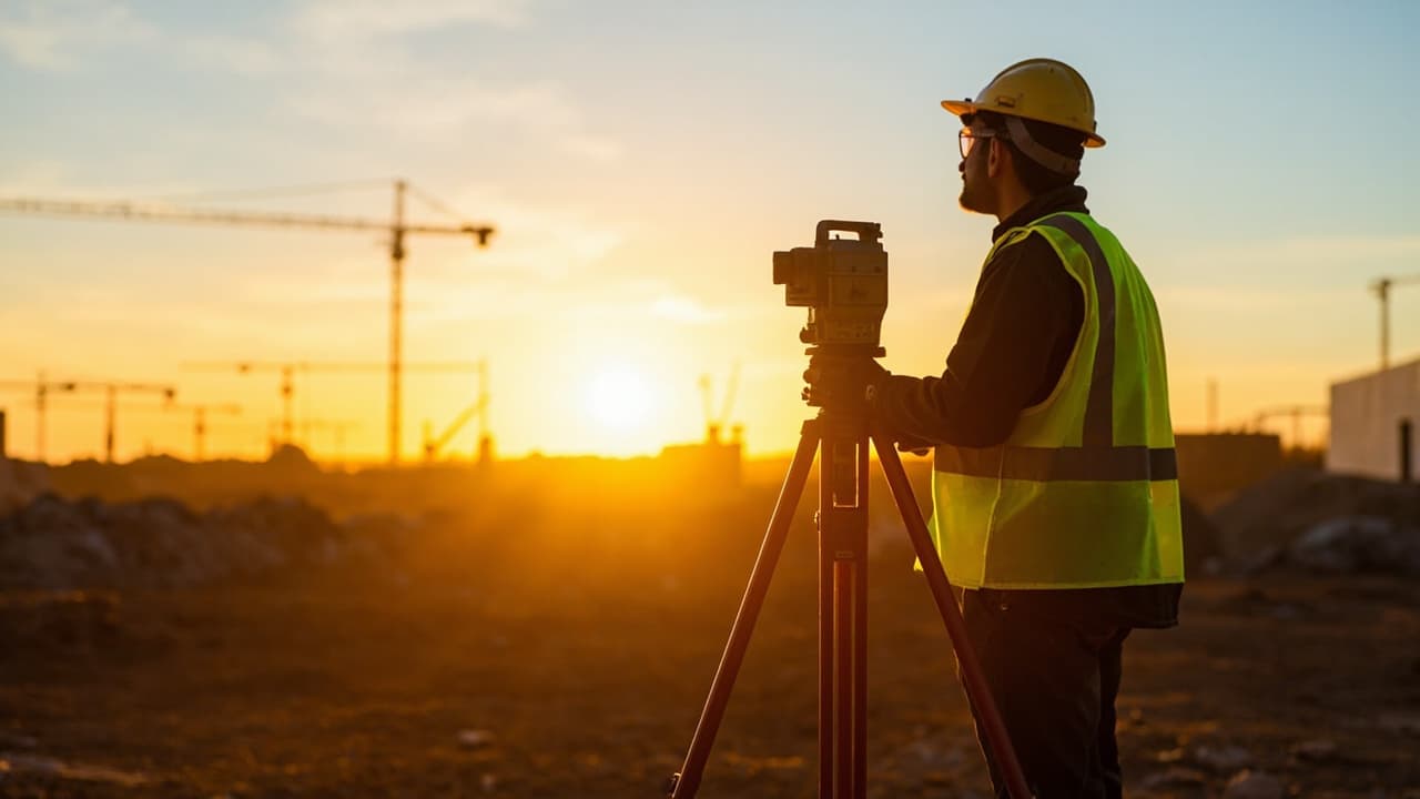 Surveyor operating a total station on site at sunrise