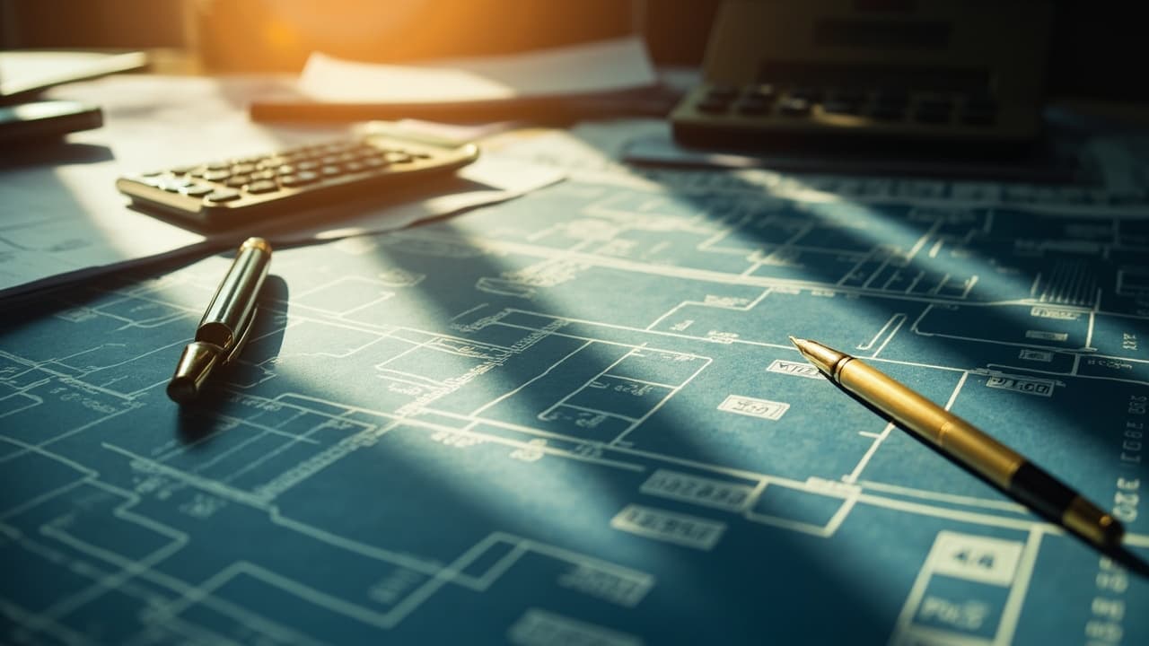 Cost estimate sheets, blueprints and calculator on a desk