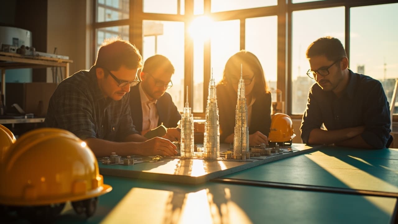 Construction team around an architectural model of two towers