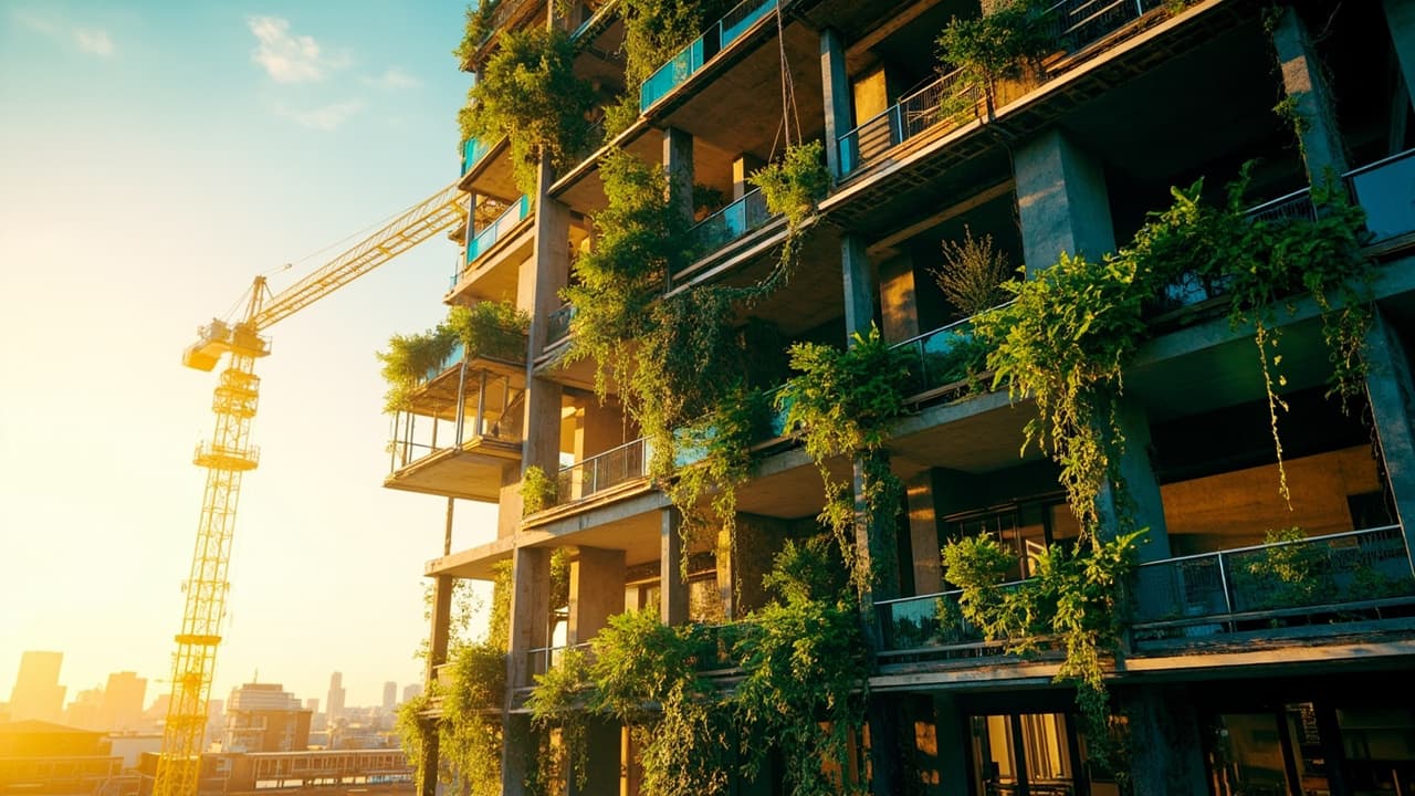 Green building under construction with tower crane and facade planting