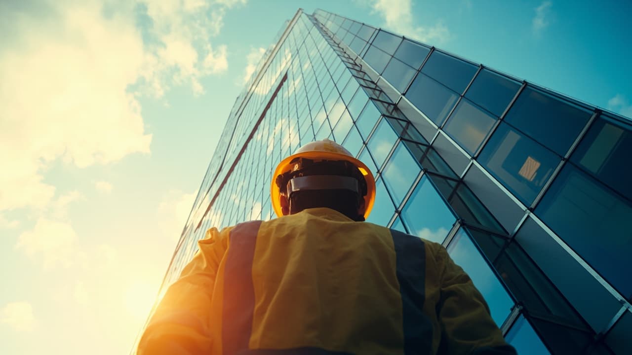 Quantity surveyor looking up at a glass skyscraper facade