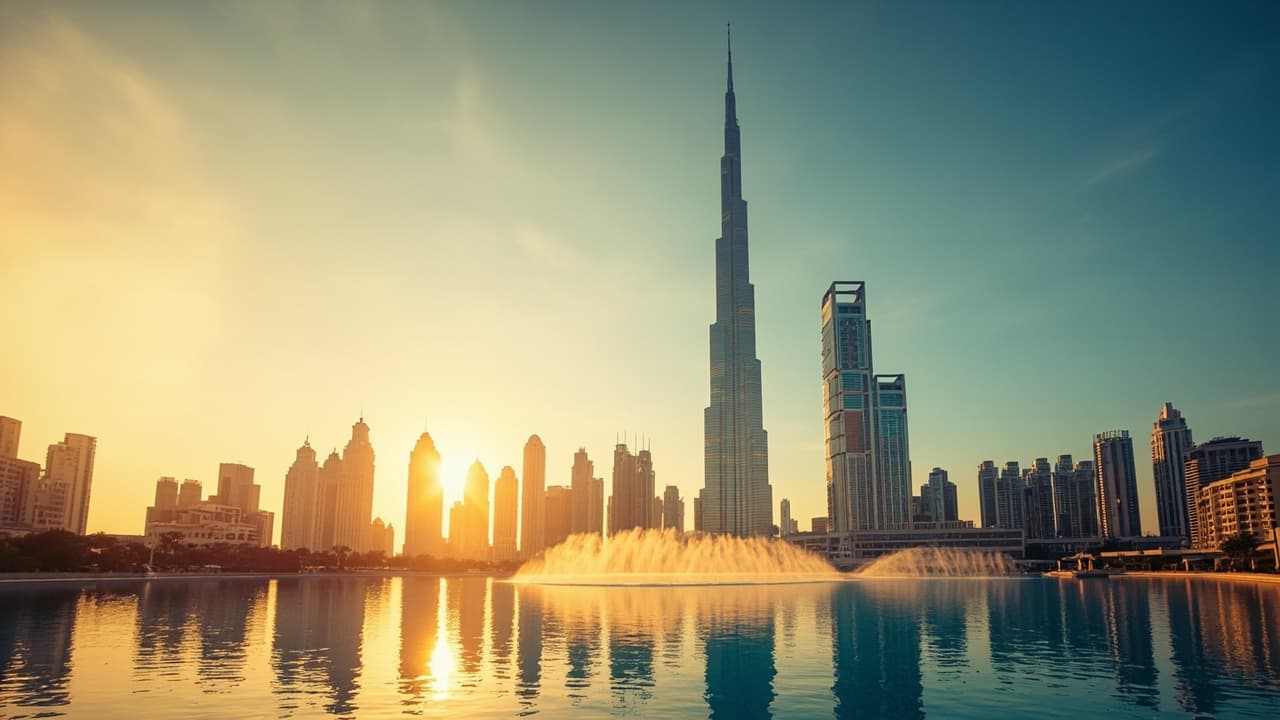 Burj Khalifa rising above the Downtown Dubai skyline at golden hour
