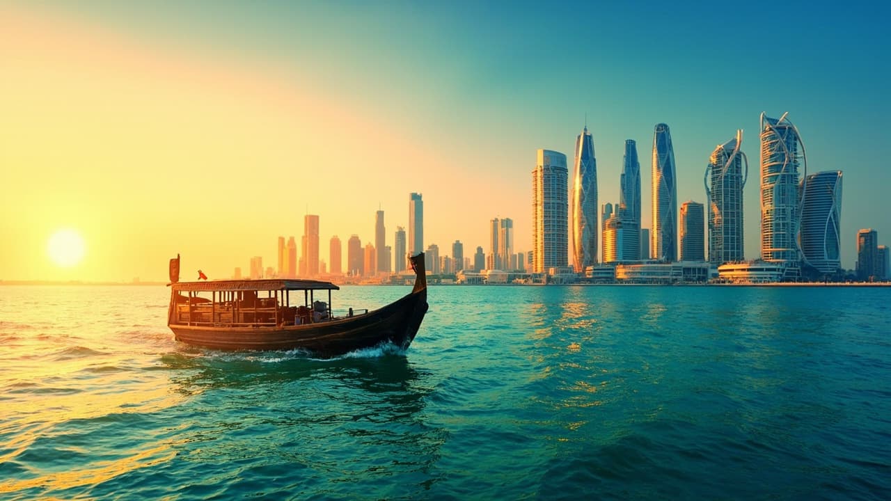 West Bay skyline of Doha across the bay with a dhow in the foreground