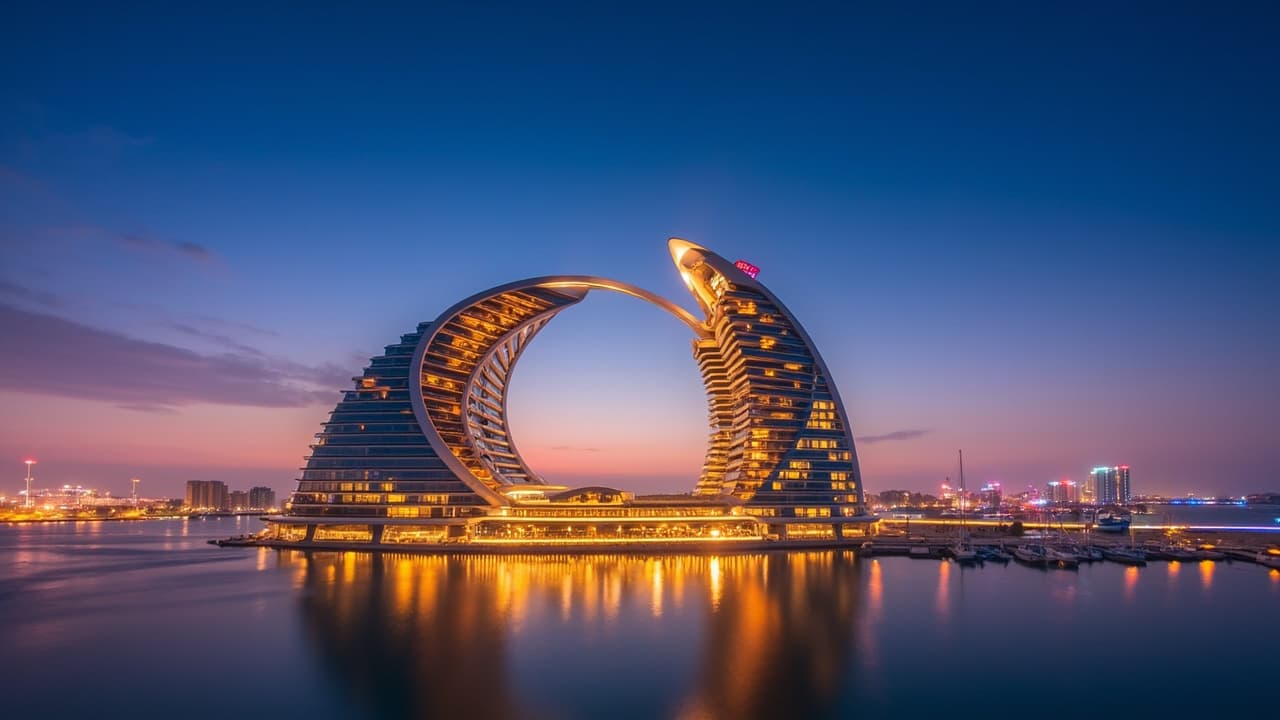 Katara Towers, the crescent-shaped landmark of Lusail at dusk