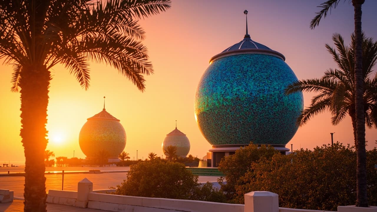 Kuwait Towers on the Arabian Gulf corniche at sunset
