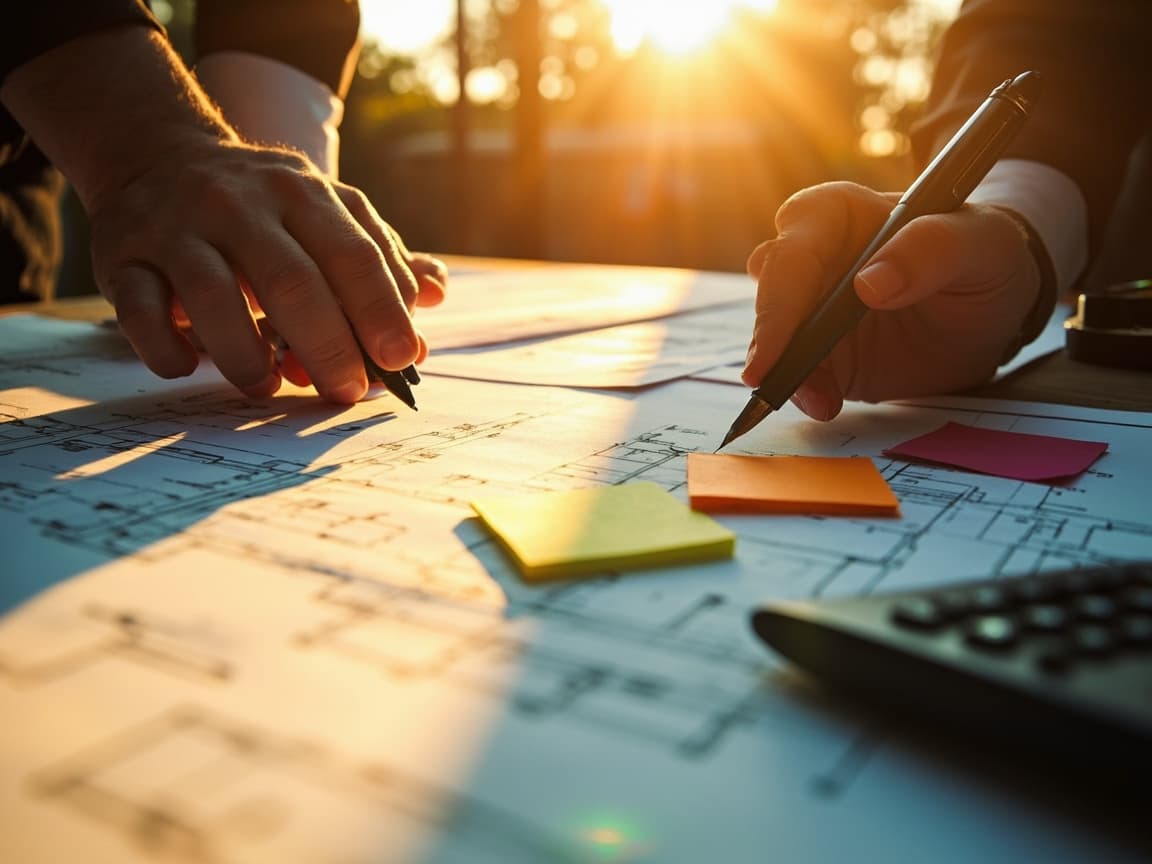 Professionals reviewing floor plans and contract documents at a desk