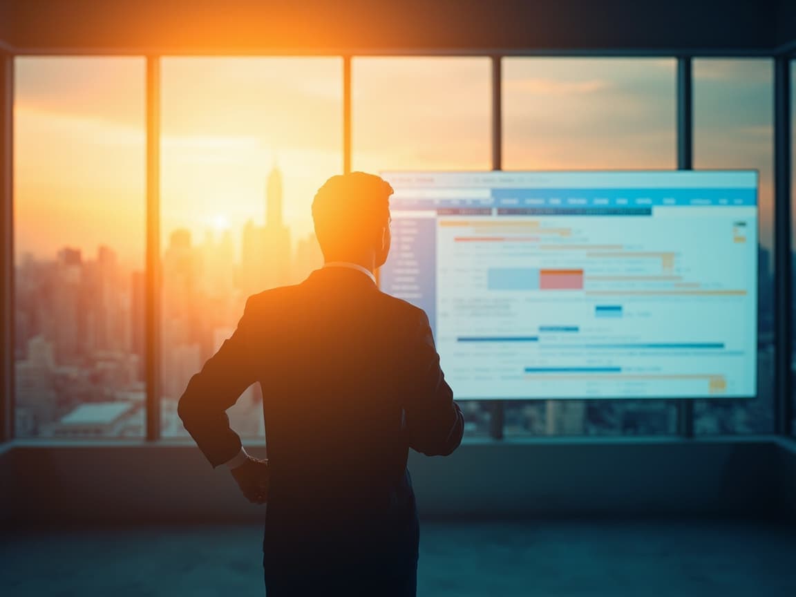 Planner studying a large project schedule display over a city skyline
