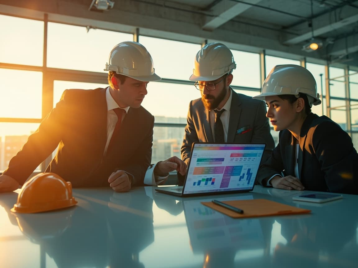 Site team reviewing a project dashboard together in a modern office
