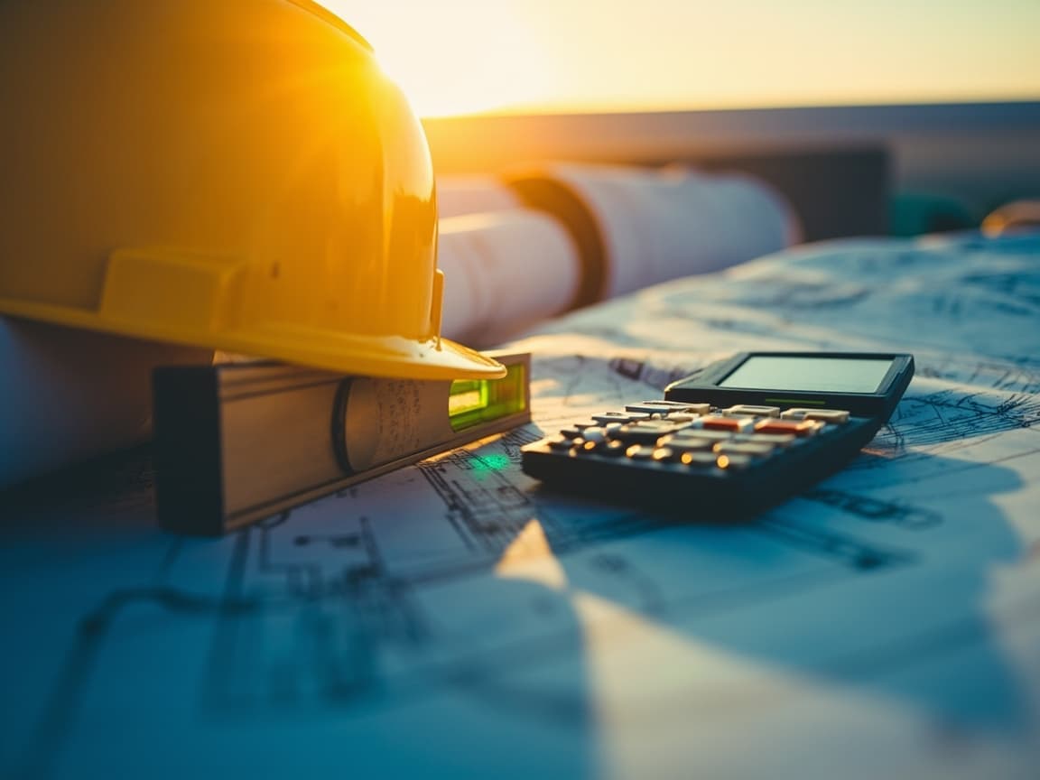 Hard hat, spirit level and calculator on construction blueprints