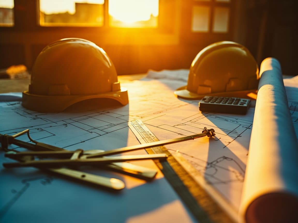 Drafting table with blueprints, compass, calculator and a yellow hard hat